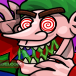 Image of a mischievous elf with a pointy hat, a sinister grin, and a bag full of stolen presents ready to sabotage Santa Run.