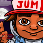 Image of a pixelated urban boy with a determined look, ready to jump on a moving block for a sky-high tower.