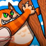 A determined cat, braced for launch, with a slingshot stretched behind it and stars in its eyes.