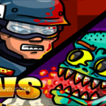 Image of a fearless swat officer engaged in a thrilling face-off with a horrifying zombie in the action-packed game Swat VS Zombies.