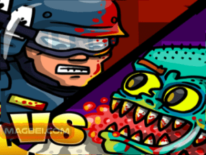 Image of a fearless swat officer engaged in a thrilling face-off with a horrifying zombie in the action-packed game Swat VS Zombies.