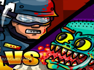 Image of a fearless swat officer engaged in a thrilling face-off with a horrifying zombie in the action-packed game Swat VS Zombies.