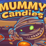 Image of a cartoon mummy with unraveling bandages, reaching for colorful candies with the title "Mummy Candies" above.