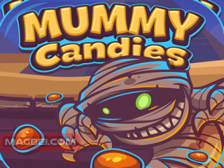 Image of a cartoon mummy with unraveling bandages, reaching for colorful candies with the title "Mummy Candies" above.