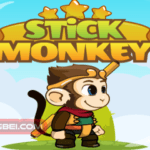 Image of a cartoon monkey holding a long stick, ready to cross a gap between platforms.