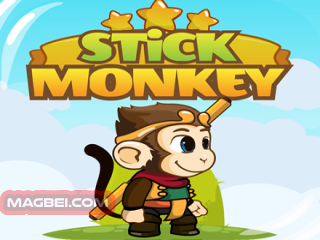 Image of a cartoon monkey holding a long stick, ready to cross a gap between platforms.