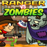 A pixelated Wild West ranger with a determined grin aims his rifle at a lurching, green-skinned zombie.