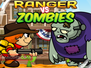 A pixelated Wild West ranger with a determined grin aims his rifle at a lurching, green-skinned zombie.
