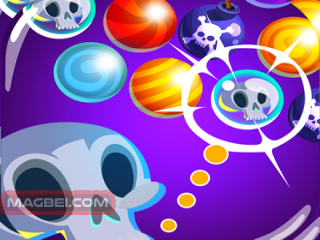 Image of a Halloween-themed Bubble Shooter game screen featuring colorful bubbles adorned with skull icons on a vibrant purple background. A cartoon skull character appears in the corner, aiming at the bubbles, adding a spooky and fun touch to the gameplay.