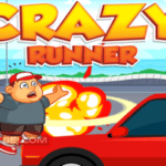 Image of the fearless Crazy Runner in a comical collision with a red car.