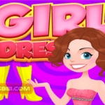 Image of a girl showcasing a trendy outfit with the words "Girl Dress-up" in bold text behind her.