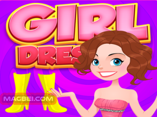 Image of a girl showcasing a trendy outfit with the words "Girl Dress-up" in bold text behind her.