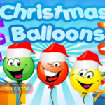 Image of three cartoonish balloons with wide eyes and jolly grins, wearing Santa hats and soaring through the air.
