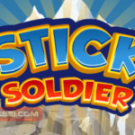 Image of "Stick Soldier" title in a playful font, a cartoon soldier hilariously flailing on the ice, with snowy mountains in the background.