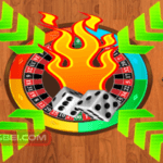 Image of two dice rolling towards a multicolored, segmented circle.