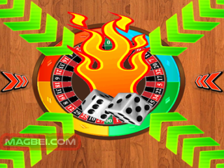 Image of two dice rolling towards a multicolored, segmented circle.