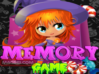 Witch Memory game: image of a cute witch and the title "Memory Game"
