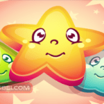 Image of a colorful cartoon candy game icon featuring a smiling star, a green blob, and a blue cloud. The star has large, expressive eyes and a friendly grin. The blob and cloud are also smiling, with simple, rounded shapes. The background is a soft pink with stars and a square border.