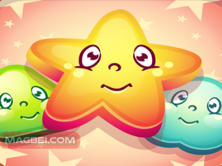 Image of a colorful cartoon candy game icon featuring a smiling star, a green blob, and a blue cloud. The star has large, expressive eyes and a friendly grin. The blob and cloud are also smiling, with simple, rounded shapes. The background is a soft pink with stars and a square border.