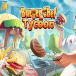 Image of a pixelated burger chef with a giant grin, juggling burgers and fries in a chaotic, cartoon-style fast food kitchen.