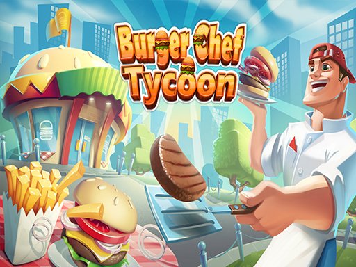 Image of a pixelated burger chef with a giant grin, juggling burgers and fries in a chaotic, cartoon-style fast food kitchen.