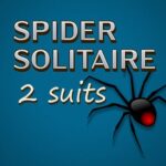 Image of a black spider crawling on a deck of cards with the title "Spider Solitaire 2 Suits" above.