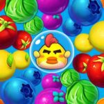 Image of a cute chick surrounded by a ring of fruits ready to be cleared in Fruits Pop game.