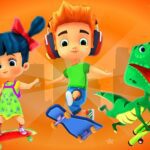 Image of a skateboarding crew: a girl, a boy, and a skateboarding T-rex.