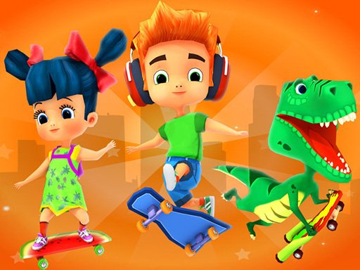 Image of a skateboarding crew: a girl, a boy, and a skateboarding T-rex.