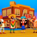 Image of a rowdy group of western bandits with guns drawn, ready for a shootout in a dusty saloon.