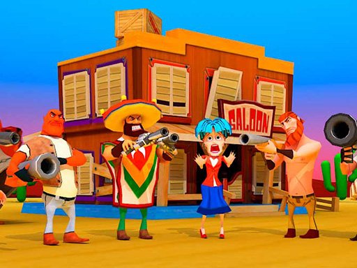 Image of a rowdy group of western bandits with guns drawn, ready for a shootout in a dusty saloon.