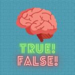 Image of a brain illustration with the words "TRUE!" in green and "FALSE!" in red below it. The background has a woven pattern in blue, creating a playful and engaging visual for the quiz game.