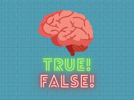 Image of a brain illustration with the words "TRUE!" in green and "FALSE!" in red below it. The background has a woven pattern in blue, creating a playful and engaging visual for the quiz game.