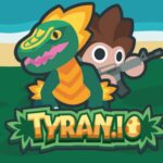 Image of a prehistoric showdown: a fierce dinosaur and a determined human gearing up for an epic battle in Tyran.io game.