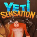 Image of a cheerful, orange yeti from the Yeti Sensation game, standing with a playful expression and crossing its arms against a blue, starburst background.