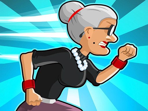 Image of a spry senior sprinter! Buckle up for hilarious hijinks as this feisty grandma dodges dinosaurs and dashes through vibrant Miami streets in the free, unblocked mobile game Angry Granny Run. ‍♀️