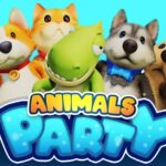 Image of five adorable Animals Party characters, including a puppy, penguin, T-Rex, unicorn, and carrot, ready to rumble.