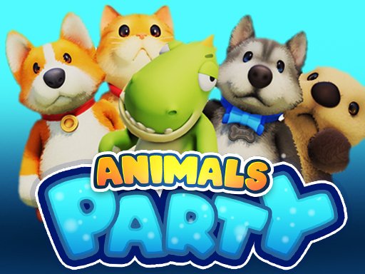 Image of five adorable Animals Party characters, including a puppy, penguin, T-Rex, unicorn, and carrot, ready to rumble.
