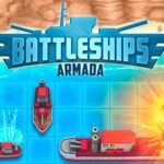 Image of a Battleship Armada gameplay grid, with red and blue pegs marking ship positions, and missile hits represented by white pegs.