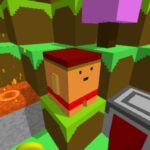 A pixelated blocky character dodging obstacles on a downhill course.