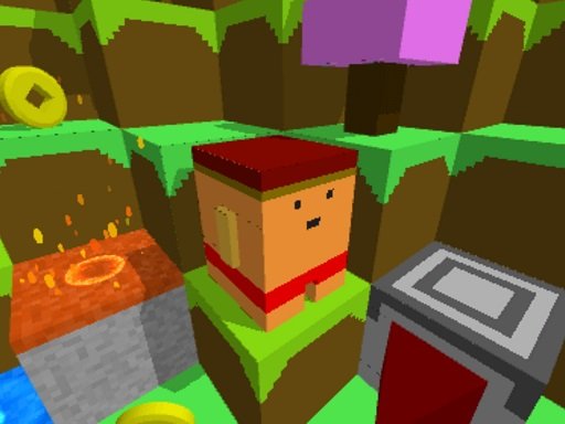 A pixelated blocky character dodging obstacles on a downhill course.