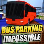 Image of a red bus precariously parked on a raised platform in a city setting, with the text "Bus Parking Impossible" prominently displayed.