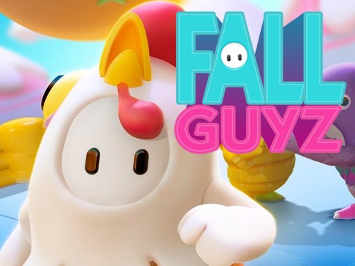 Image of a bean-shaped character wearing a white chicken costume with a red comb, set against a colorful background featuring the bright pink and teal “Fall Guyz” logo.