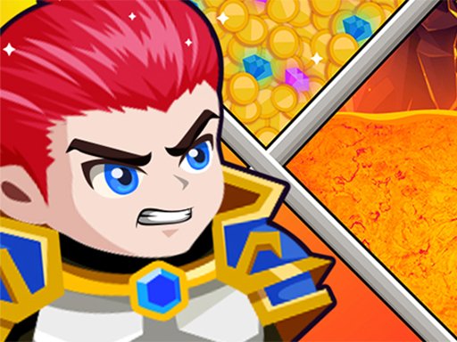 Image of the Hero Rescue Puzzle game featuring a determined hero with red hair and armor, ready to save the princess and claim the treasure amidst various traps and challenges.