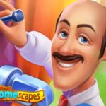 Image of Austin the butler, a cheerful, mustached character in a white shirt, red bow tie, and blue suspenders, ready to tackle a new Homescapes puzzle challenge. He is seen fixing a wall with a hammer in a bright, colorful home setting. The "Homescapes" logo is visible in the bottom left corner. This image represents the game Homescapes unblocked and is associated with playing it online.