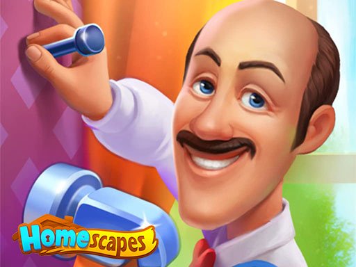 Image of Austin the butler, a cheerful, mustached character in a white shirt, red bow tie, and blue suspenders, ready to tackle a new Homescapes puzzle challenge. He is seen fixing a wall with a hammer in a bright, colorful home setting. The "Homescapes" logo is visible in the bottom left corner. This image represents the game Homescapes unblocked and is associated with playing it online.
