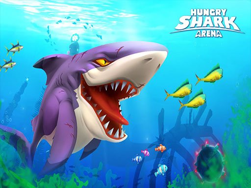 Image of a ferocious shark with razor-sharp teeth, dominating a vibrant underwater arena in Hungry Shark Arenak.