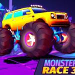 Image of a vibrantly colored monster truck soaring through the air above a dirt track, with a blurred background of green hills and a blue sky.