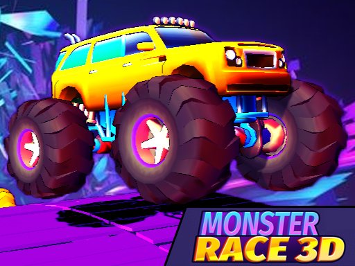 Image of a vibrantly colored monster truck soaring through the air above a dirt track, with a blurred background of green hills and a blue sky.