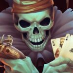 Image of a swashbuckling pirate skeleton with a mischievous grin. He clutches a pistol in one bony hand and a fan of playing cards in the other, ready for a high-seas adventure (or perhaps a game of pirate poker?) ☠️🃏